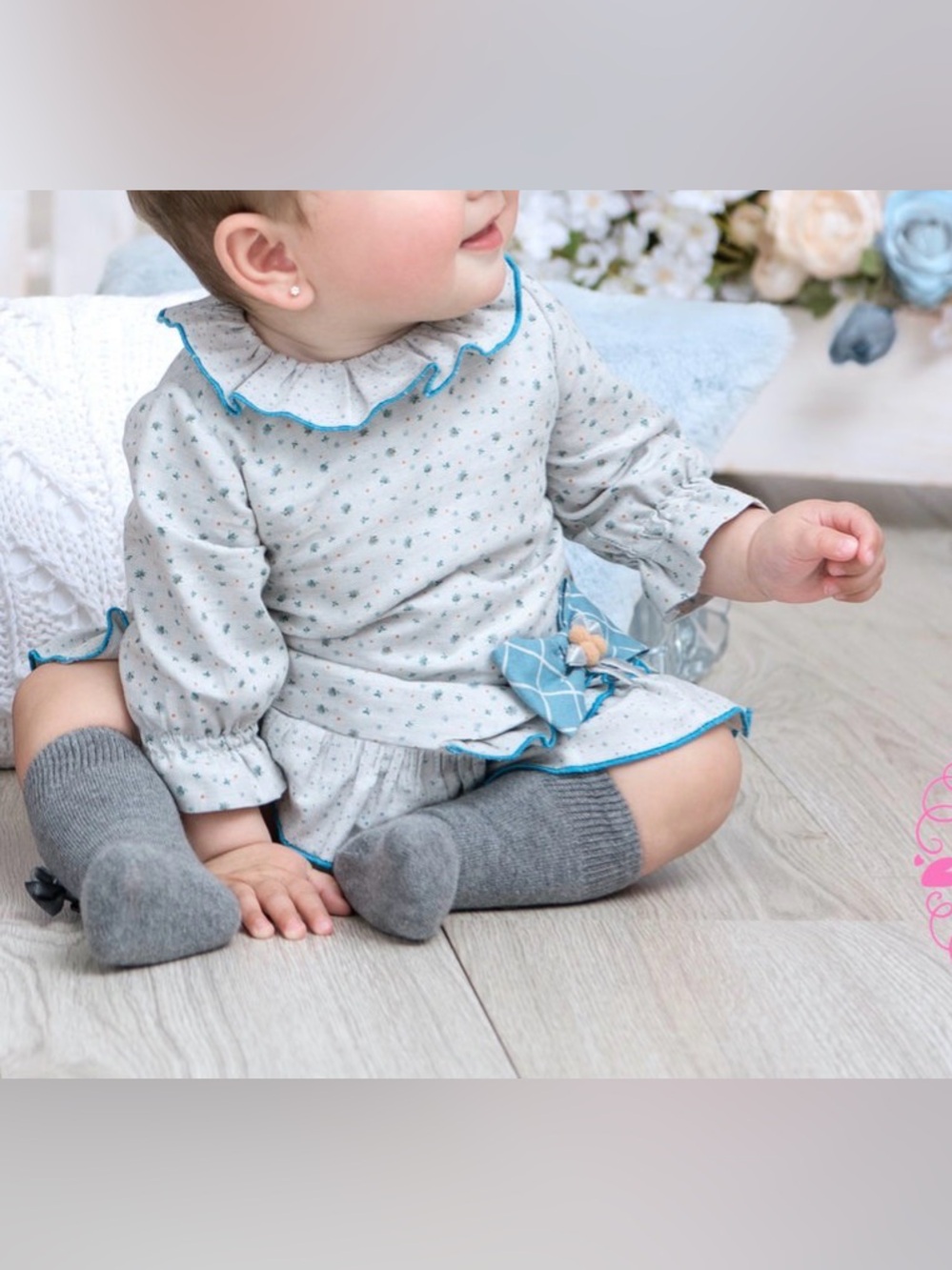 Baby Girl Blue-Trim Floral Casual Dress